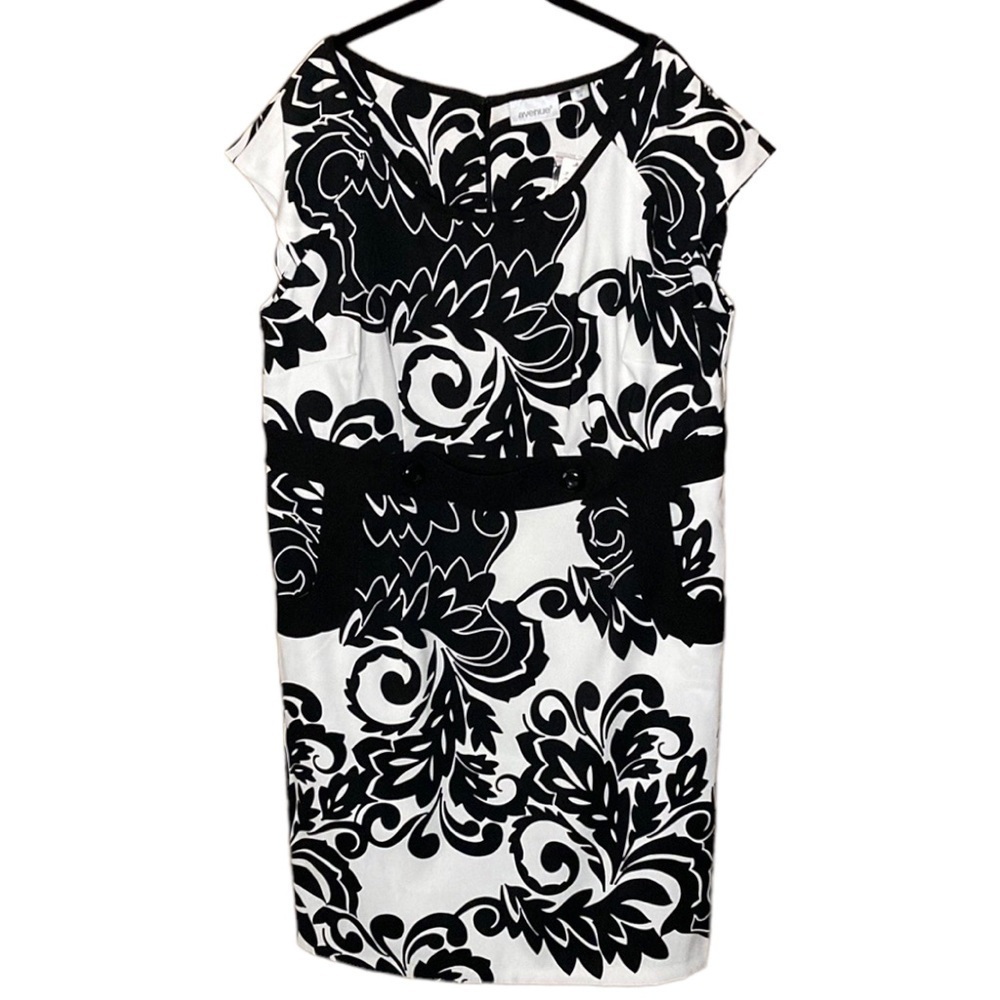 Avenue | White Sheath Dress Black Botanical Print Cap Sleeves Midi 16